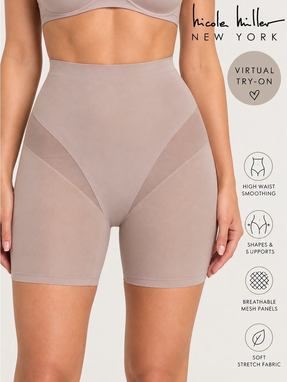 Nicole Miller New York XL Nude High Waist Shapewear Shorts Mesh Panels